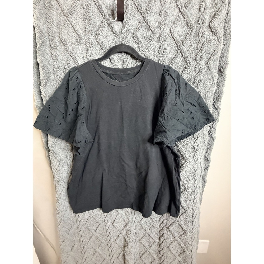 A New Day Women Size Large Puff Sleeve Blouse Black Eyelet Sleeve Boho Chic Y2K